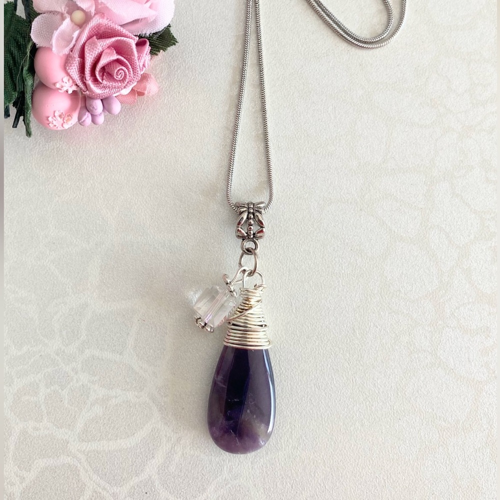 Sterling Silver Snake Chain Necklace with Amethyst Pendant and Crystal Accent